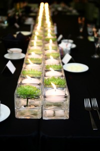 Mini plants and candles create a modern and magical center piece