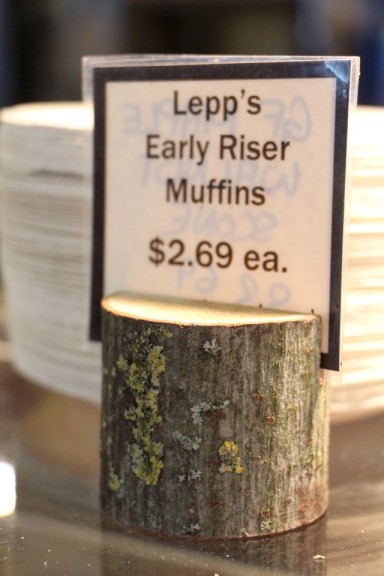 Natural wood sign holder at Lepp Farm Market