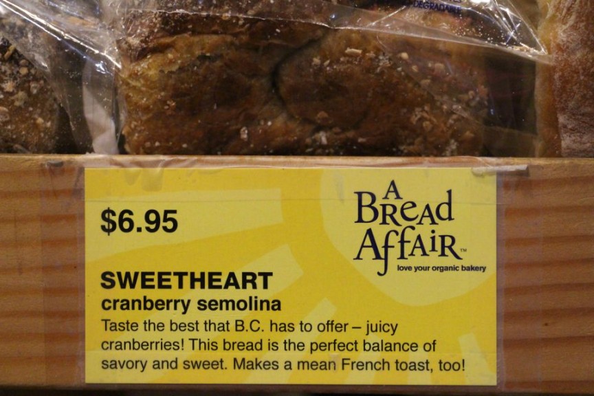 Product description sign for bread at JD Farm