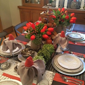 Dining room table setting with tin panel as a runner.