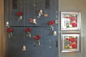 Hanging candles and vases in the living room.