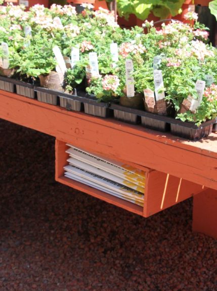 A bin below a plant bench houses plant boxes at The Garden Corner