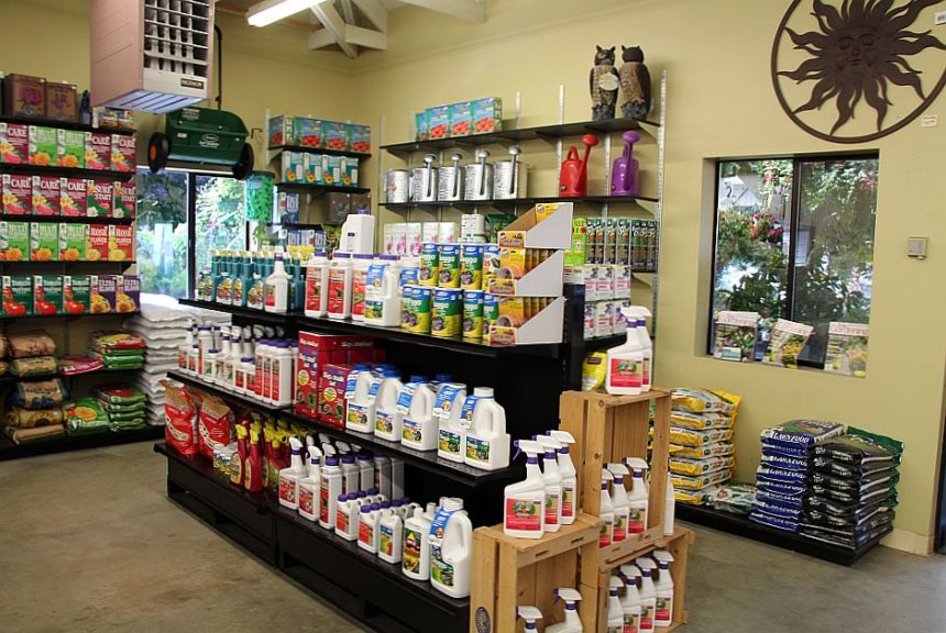 Crates allow for a shallow endcap display at The Gardener's Choice