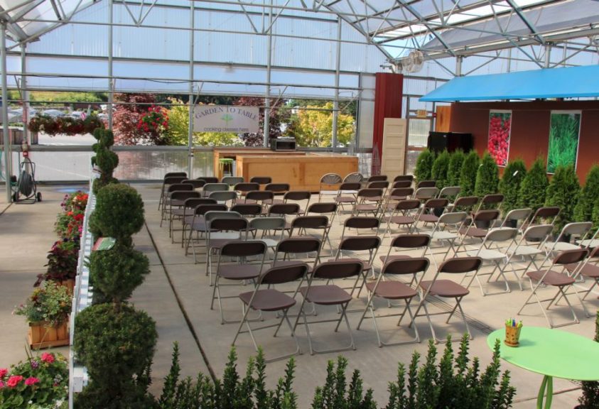 The classroom is set up along side the main displays in the greenhouse, near the front of Farmington Gardens